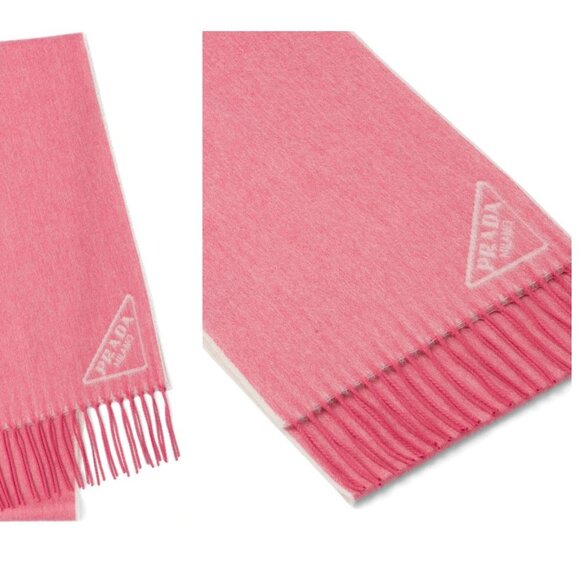 PRADA Triangle Logo Cashmere Fringe Scarf Reversible $1,050